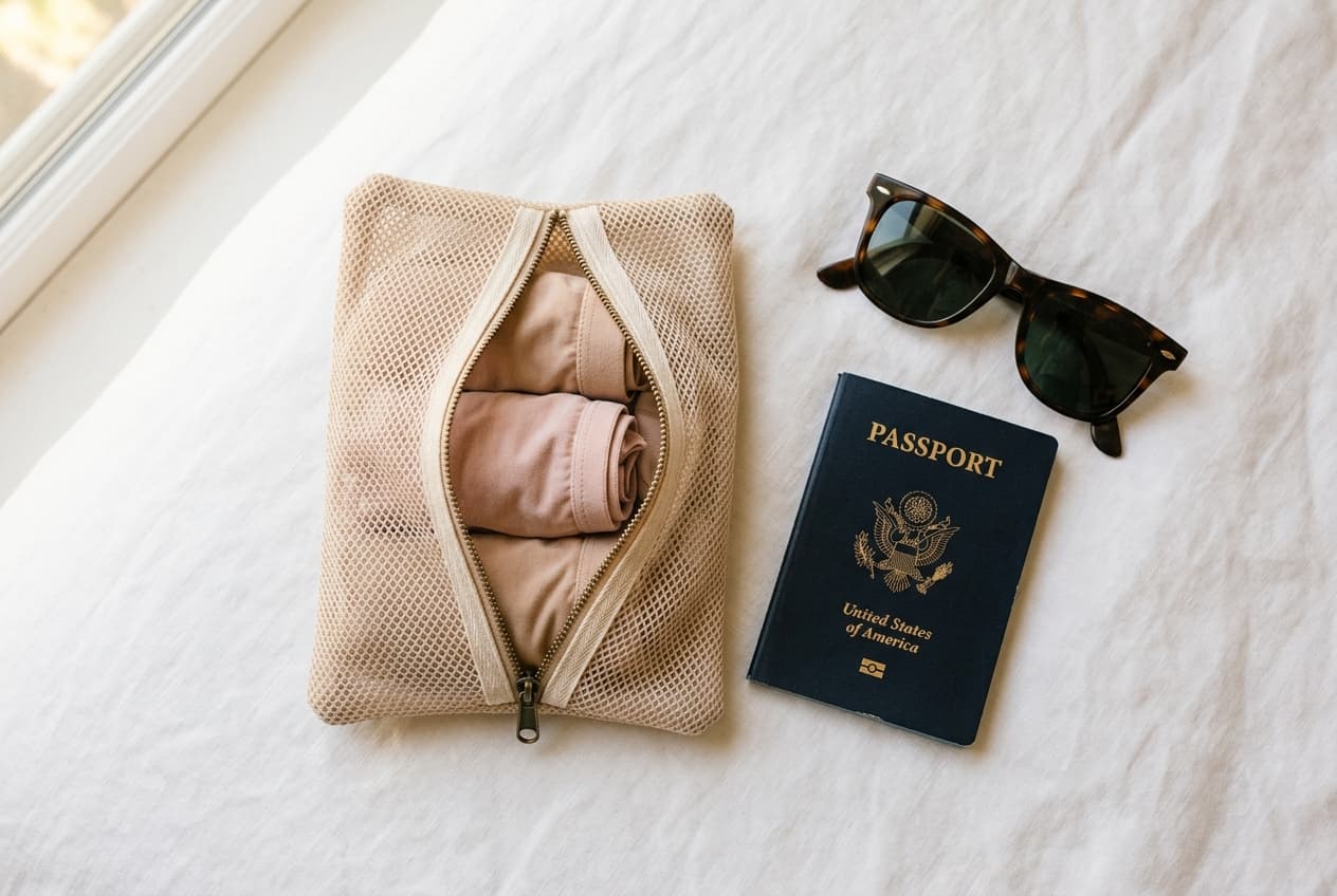 Travel packing essentials with underwear neatly folded in a suitcase